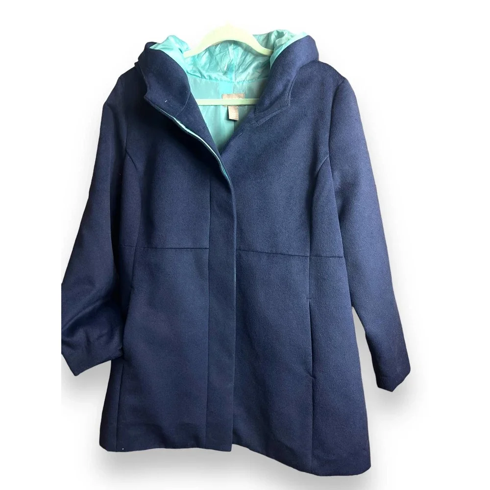 Chico's Hooded Coat, Faux-Wool Winter Mid Jacket | Size 2 (Large) | Navy Blue - Picture 2 of 10